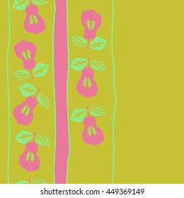 Seamless vertical  pattern of fruits, doodles,  object, pears, leaves, grains, hole,stripes, spot, copy space. Hand drawn.