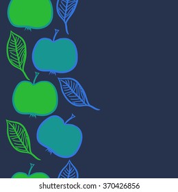 Seamless  vertical pattern of fruits, doodles,apples, leaves,half, copy space. Hand drawn.