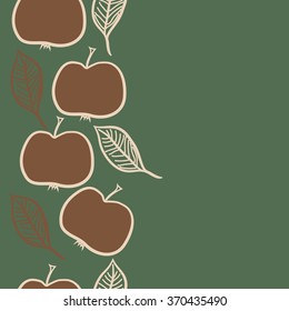 Seamless  vertical pattern of fruits, doodles,apples, leaves,half, copy space. Hand drawn.