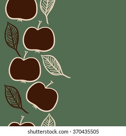 Seamless  vertical pattern of fruits, doodles,apples, leaves,half, copy space. Hand drawn.