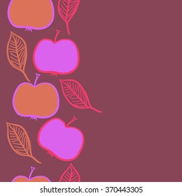 Seamless  vertical pattern of fruits, doodles,apples, leaves,half, copy space. Hand drawn.