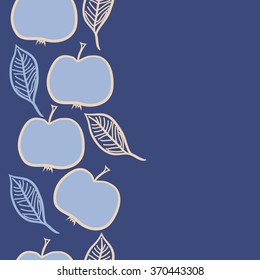Seamless  vertical pattern of fruits, doodles,apples, leaves,half, copy space. Hand drawn.