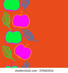 Seamless  vertical pattern of fruits, doodles,apples, leaves,half, copy space. Hand drawn.