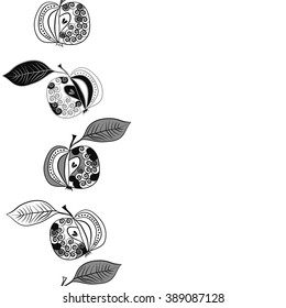 Seamless vertical pattern  of fruits motif, apples, leaves, doodles, hole, spots,spirals, copy space. Hand drawn.
