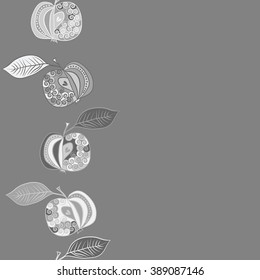 Seamless vertical pattern  of fruits motif, apples, leaves, doodles, hole, spots,spirals, copy space. Hand drawn.