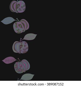 Seamless vertical pattern  of fruits motif, apples, leaves, doodles, hole, spots,spirals, copy space. Hand drawn.