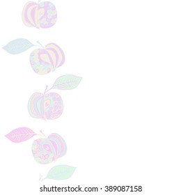 Seamless vertical pattern  of fruits motif, apples, leaves, doodles, hole, spots,spirals, copy space. Hand drawn.