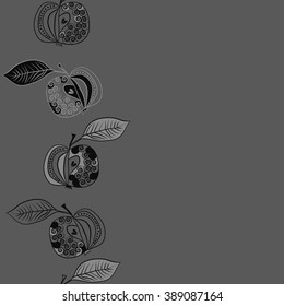 Seamless vertical pattern  of fruits motif, apples, leaves, doodles, hole, spots,spirals, copy space. Hand drawn.