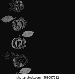 Seamless vertical pattern  of fruits motif, apples, leaves, doodles, hole, spots,spirals, copy space. Hand drawn.