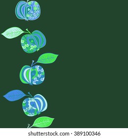 Seamless vertical pattern  of fruits motif, apples, leaves, doodles, hole, spots,spirals, copy space. Hand drawn.
