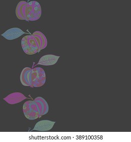 Seamless vertical pattern  of fruits motif, apples, leaves, doodles, hole, spots,spirals, copy space. Hand drawn.