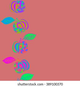 Seamless vertical pattern  of fruits motif, apples, leaves, doodles, hole, spots,spirals, copy space. Hand drawn.