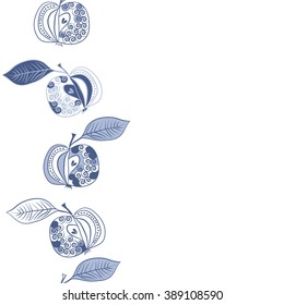 Seamless vertical pattern  of fruits motif, apples, leaves, doodles, hole, spots,spirals, copy space. Hand drawn.