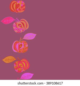 Seamless vertical pattern  of fruits motif, apples, leaves, doodles, hole, spots,spirals, copy space. Hand drawn.
