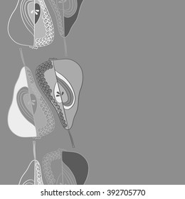 Seamless vertical pattern  of fruits motif, pears, doodles, hole, spots,spirals, copy space. Hand drawn.