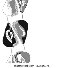 Seamless vertical pattern  of fruits motif, pears, doodles, hole, spots,spirals, copy space. Hand drawn.