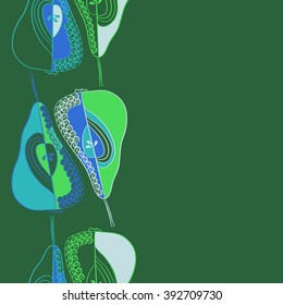 Seamless vertical pattern  of fruits motif, pears, doodles, hole, spots,spirals, copy space. Hand drawn.
