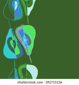 Seamless vertical pattern  of fruits motif, pears, doodles, hole, spots,spirals, copy space. Hand drawn.