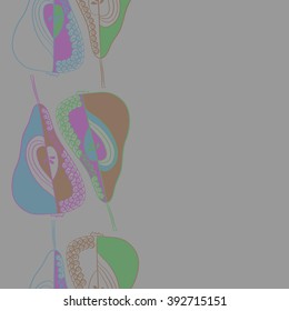 Seamless vertical pattern  of fruits motif, pears, doodles, hole, spots,spirals, copy space. Hand drawn.