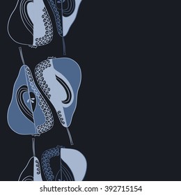 Seamless vertical pattern  of fruits motif, pears, doodles, hole, spots,spirals, copy space. Hand drawn.