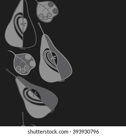 Seamless vertical  pattern  of fruits motif, pears, doodles, hole, spots,spirals, leaves, copy space. Hand drawn.