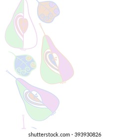 Seamless vertical  pattern  of fruits motif, pears, doodles, hole, spots,spirals, leaves, copy space. Hand drawn.