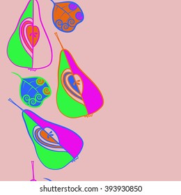 Seamless vertical  pattern  of fruits motif, pears, doodles, hole, spots,spirals, leaves, copy space. Hand drawn.