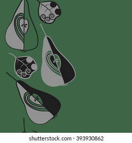 Seamless vertical  pattern  of fruits motif, pears, doodles, hole, spots,spirals, leaves, copy space. Hand drawn.
