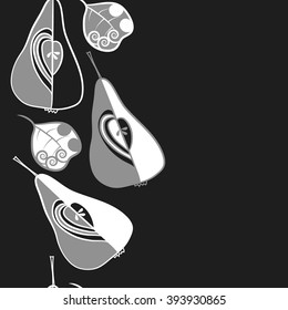 Seamless vertical  pattern  of fruits motif, pears, doodles, hole, spots,spirals, leaves, copy space. Hand drawn.