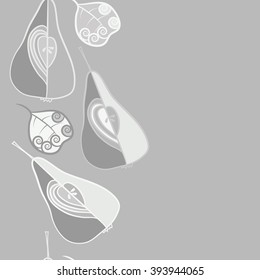 Seamless vertical  pattern  of fruits motif, pears, doodles, hole, spots,spirals, leaves, copy space. Hand drawn.