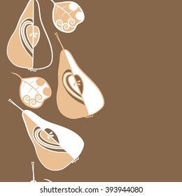Seamless vertical  pattern  of fruits motif, pears, doodles, hole, spots,spirals, leaves, copy space. Hand drawn.