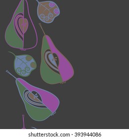 Seamless vertical  pattern  of fruits motif, pears, doodles, hole, spots,spirals, leaves, copy space. Hand drawn.
