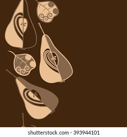 Seamless vertical  pattern  of fruits motif, pears, doodles, hole, spots,spirals, leaves, copy space. Hand drawn.
