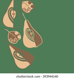 Seamless vertical  pattern  of fruits motif, pears, doodles, hole, spots,spirals, leaves, copy space. Hand drawn.