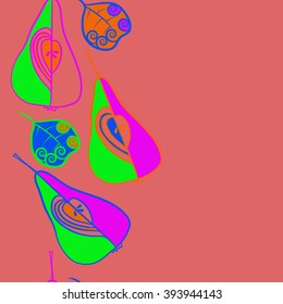 Seamless vertical  pattern  of fruits motif, pears, doodles, hole, spots,spirals, leaves, copy space. Hand drawn.