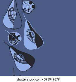 Seamless vertical  pattern  of fruits motif, pears, doodles, hole, spots,spirals, leaves, copy space. Hand drawn.