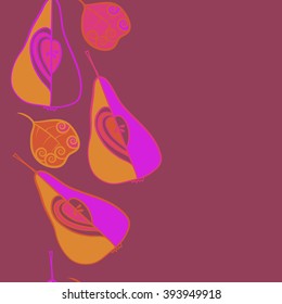 Seamless vertical  pattern  of fruits motif, pears, doodles, hole, spots,spirals, leaves, copy space. Hand drawn.