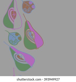 Seamless vertical  pattern  of fruits motif, pears, doodles, hole, spots,spirals, leaves, copy space. Hand drawn.