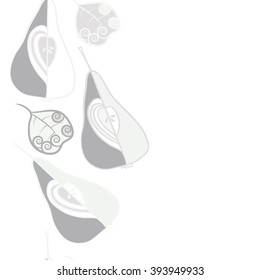 Seamless vertical  pattern  of fruits motif, pears, doodles, hole, spots,spirals, leaves, copy space. Hand drawn.