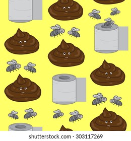 Seamless vertical pattern with a funny company of poop, toilet paper and flies on yellow background