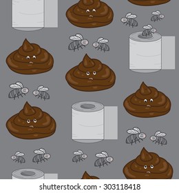 Seamless vertical pattern with a funny company of poop, toilet paper and flies on grey background