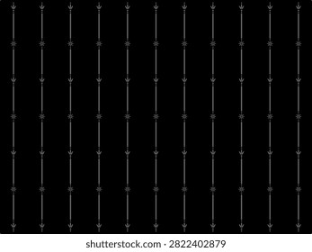 Seamless vertical pattern with gray leaf and fern motifs, star medallions and dotted stems on charcoal black background. Botanical trellis design for wallpaper and textile use.