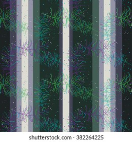 Seamless vertical pattern with green,lilac and blue feathers on the striped grey, white and green background. Vector exotic retro design of wallpaper, textile