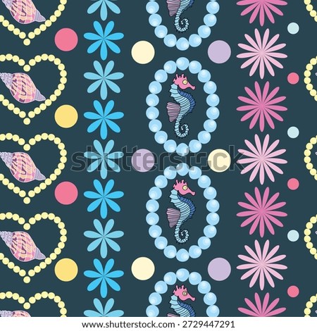 Seamless vertical pattern with heart and oval pearl frames featuring pastel conch and seahorse, polka dots, and striped garden flowers on a dark bottle green background. Decorative ocean floral design