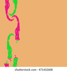 Seamless  vertical pattern with hot peppers,hole, harvest, object, vegetables, copy space . Hand drawn.
