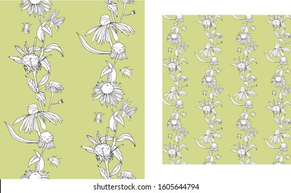 Seamless vertical pattern with lines of black and white flowers and echinacea leaves on khaki background.