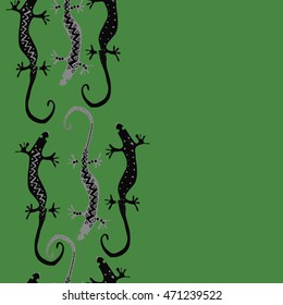 Seamless vertical  pattern with lizards, reptile, zigzag, object, ellipses, copy space . Hand drawn.