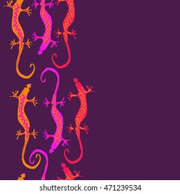 Seamless vertical  pattern with lizards, reptile, zigzag, object, ellipses, copy space . Hand drawn.