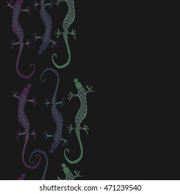 Seamless vertical  pattern with lizards, reptile, zigzag, object, ellipses, copy space . Hand drawn.