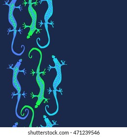 Seamless vertical  pattern with lizards, reptile, zigzag, object, ellipses, copy space . Hand drawn.